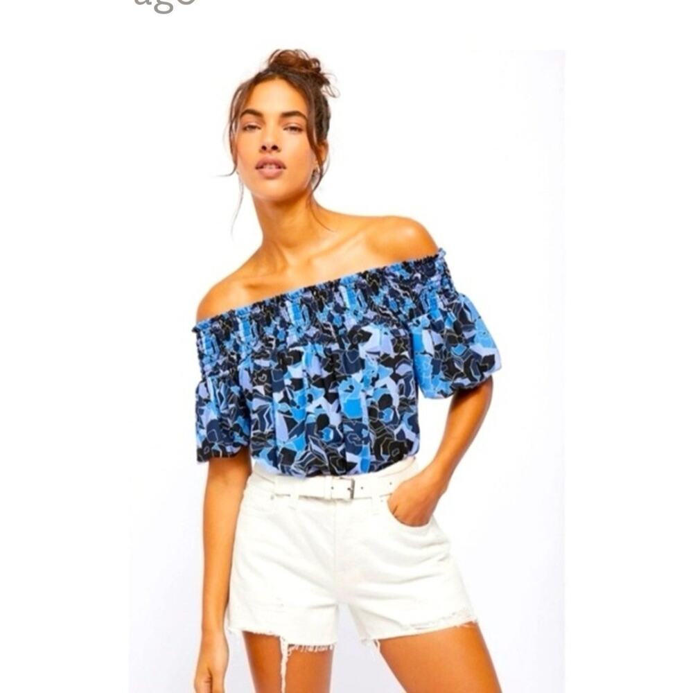 Free People Blue Black Floral Off-Shoulder Blouse - Picture 3 of 7